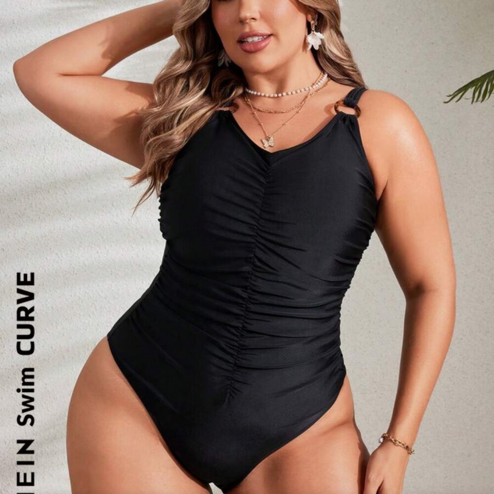 Flattering Plus Size Black Swimsuit with Ring Details